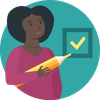 Frau hält Stift an Checkbox